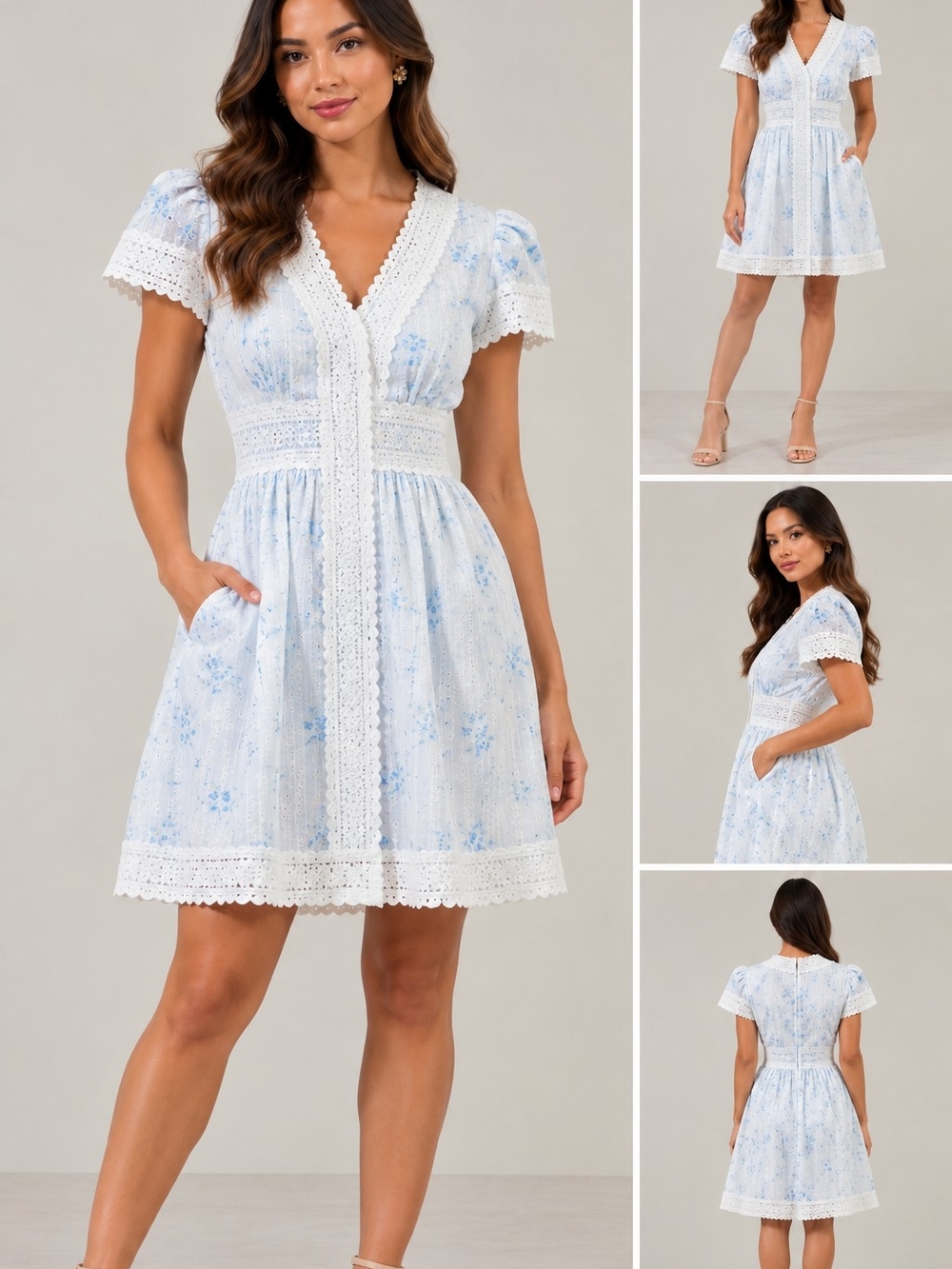 Sugarlips White and Light Blue Floral Lace-Trim V-Neck Mini Dress